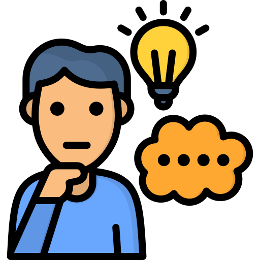 Icon of a person thinking with a lightbulb and a thought bubble 