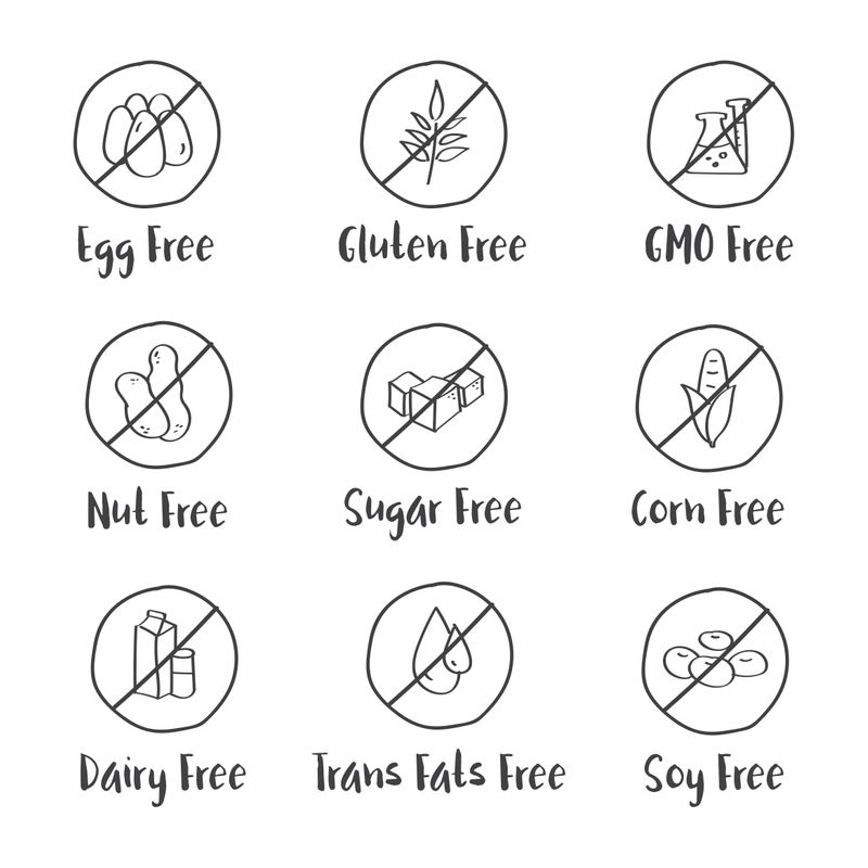 food labels: egg free, gluten free, GMO free, nut free, sugar free, corn free, dairy free, trans fat free, soy free