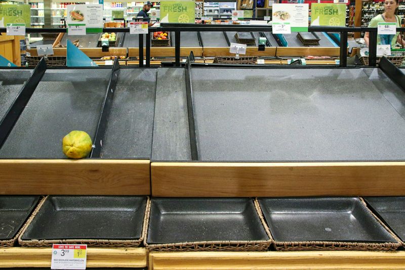 A mostly sold out grocery store produce section.