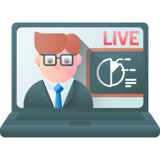 A laptop with a person on a screen in a live streaming session with a blackboard in the back ico.