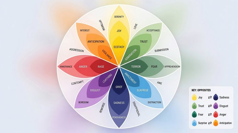 Plutchik’s Wheel of Emotions: a circular diagram of eight primary emotions and their opposites.