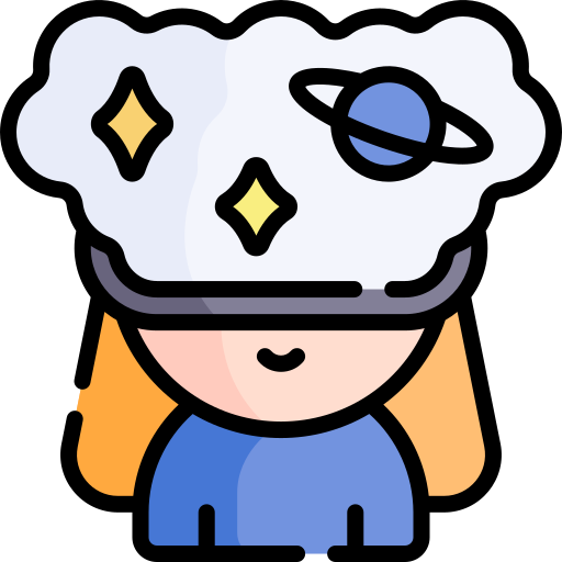 A cartoon animation of a girl's head, with long blond hair, and a thought bubble with stars and planets
