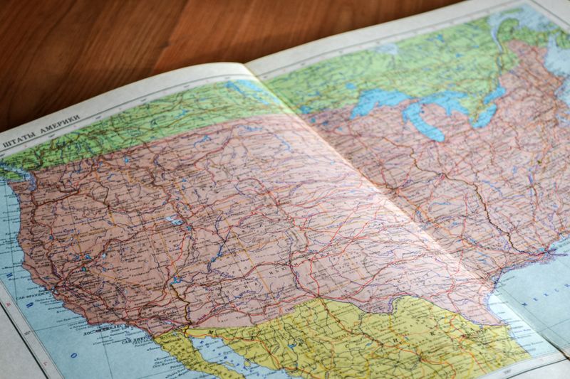 A map of the USA in an atlas.