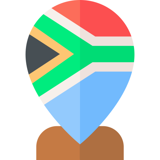 An icon of a location pin with the South African flag on it. 