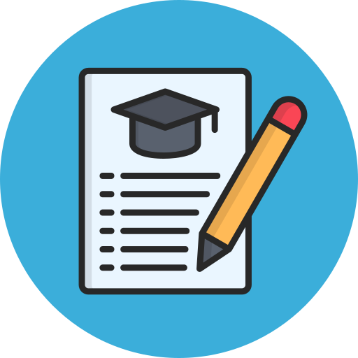 An Icon of a pencil and a list of items on a piece of paper with a graduation cap at the top of it