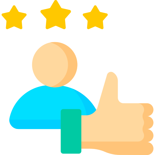 Shoulder-up icon of person with 3 stars above their head and a large thumbs up in front of them.
