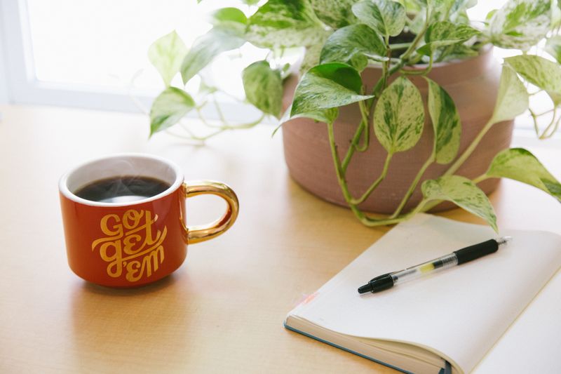 A desk with a plant, journal, and a mug of coffee that says 