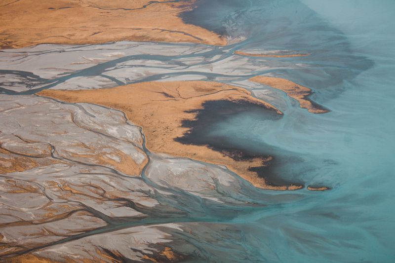 A birds-eye view of a coastal area.