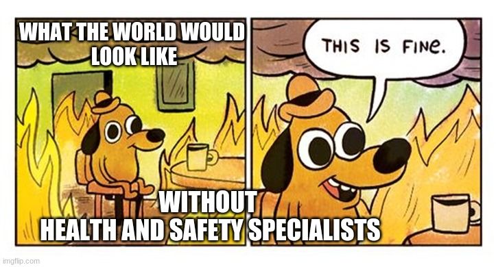 A dog in a room on fire, under the text 'What the world would look like without health & safety specialists.'