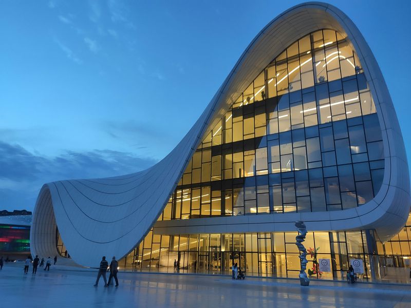 A photo of the Heydar Aliyev Centre in Baku.