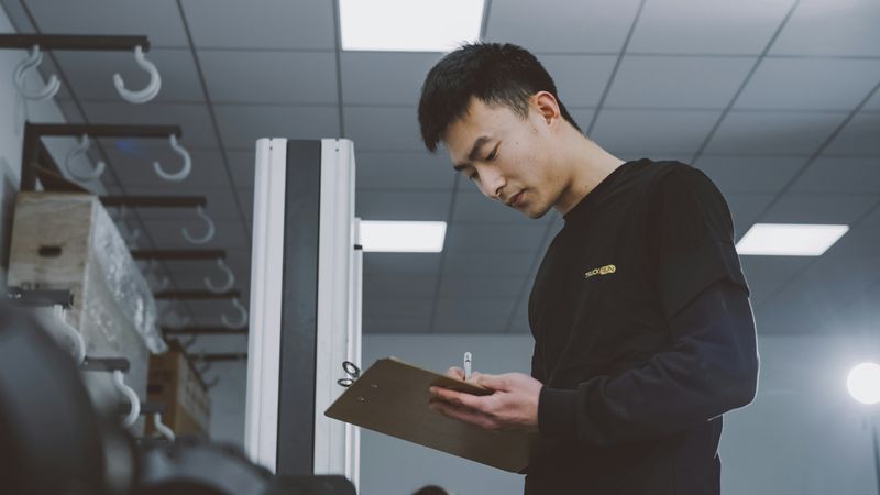 A man with short dark hair and a dark long sleeved shirt holding a clipboard and writing.