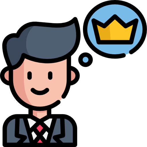 Icon of a man with a thought bubble in which is located a crown - symbolising the thought of success and high expectations.