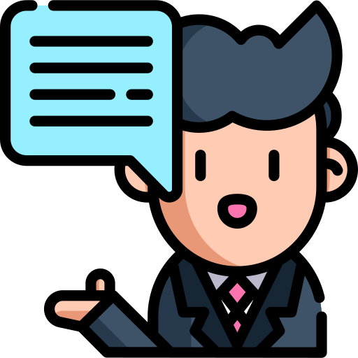 An icon of a man in a business suit with a text bubble, talking