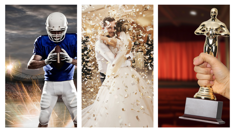 Football player holding a ball, bride and groom dancing with confetti in the air, and a hand holding a golden statue,