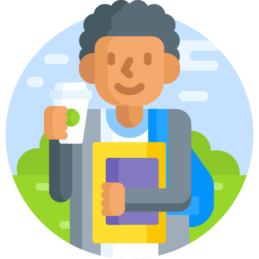 Icon of a student holding books and a disposal cup of beverage