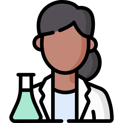 Icon of a dark-skinned female-presenting scientist with dark hair wearing a lab coat with a flask of green liquid.