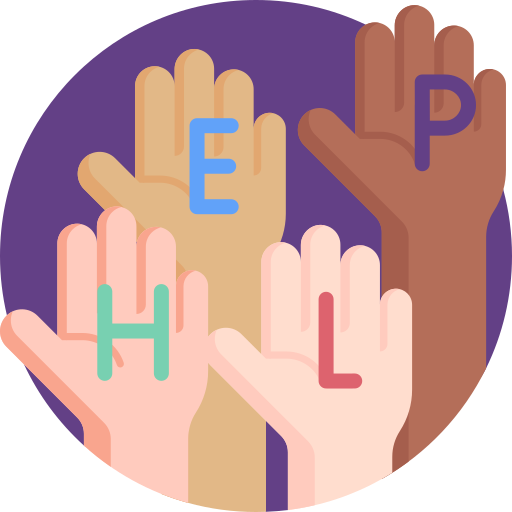 Four hands, each with a letter that spells 'HELP'