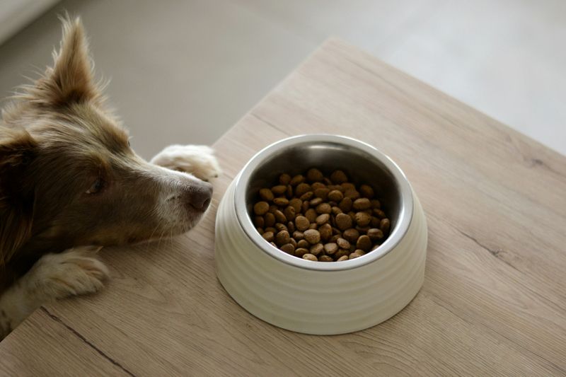 A curious dog rests its chin on a wooden table, eyeing a bowl full of dry kibble placed just out of reach.