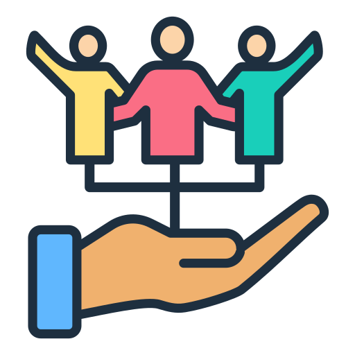 Hand holding up group of people with arms around each other icon