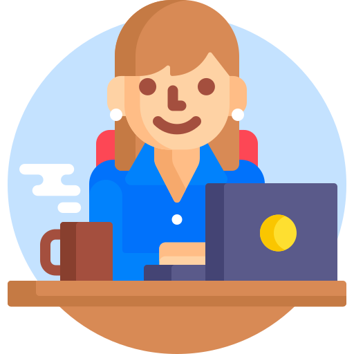 Icon illustrating a female working on her laptop with a cup of coffee/tea on the desk