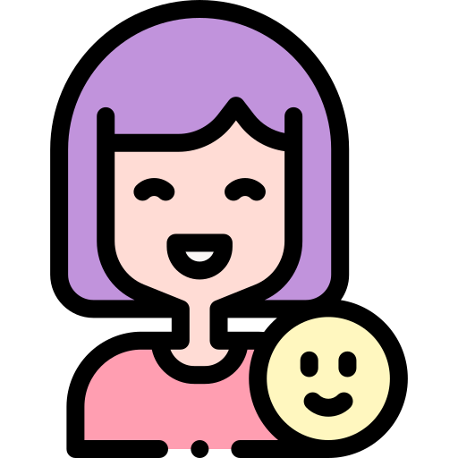 A happy girl with a smiley face icon beside her, representing positivity.