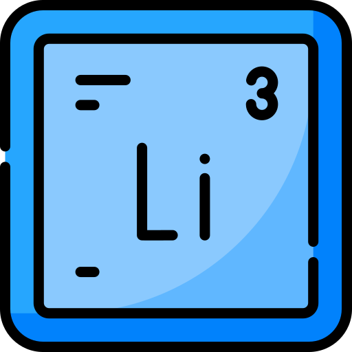 Icon of Lithium's box on the periodic table. Li in the center, 3 in the top right corner. 