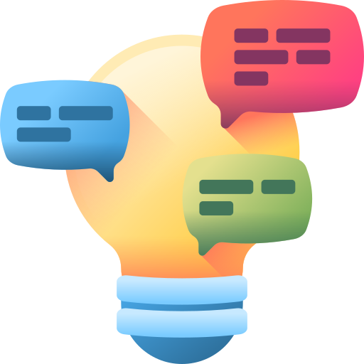 An icon of a light bulb with 3 speech bubbles originating from it