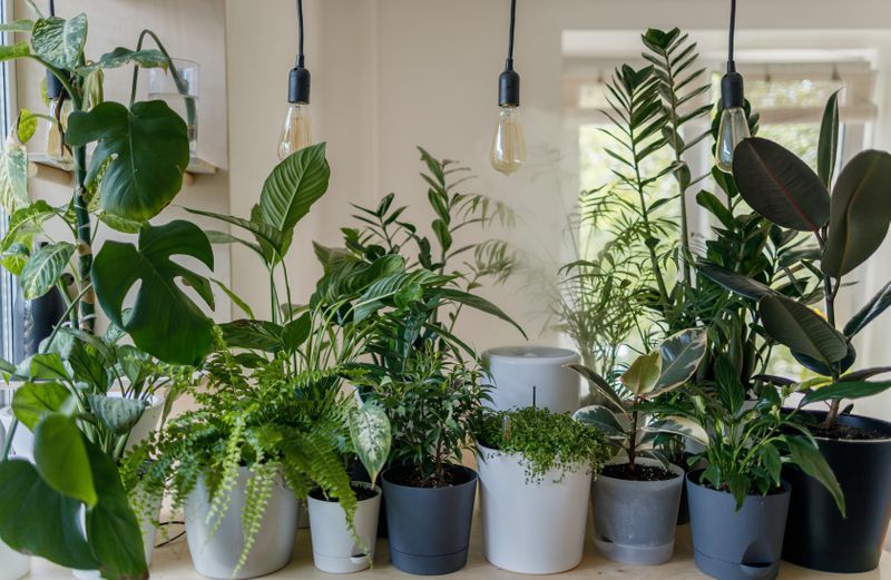A large collection of green houseplants in pots in a row along a countertop