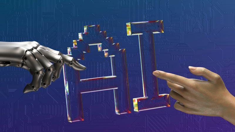 A robot hand and a human hand reaching for each other with the letters AI in the middle. This is a symbol for GenAI. 