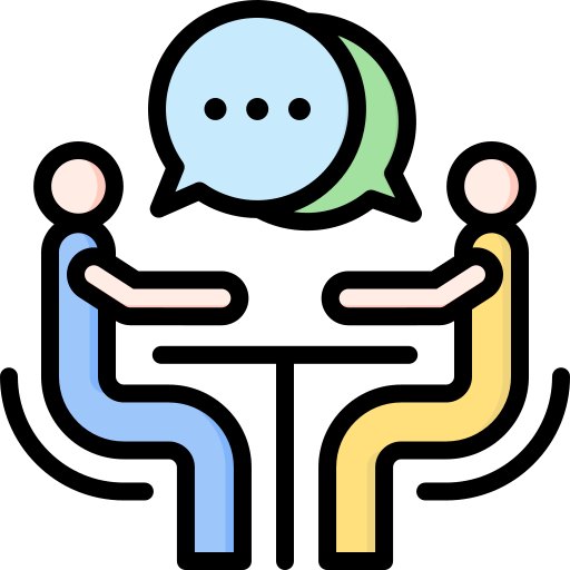 Two stick figures seated across from one another at a table with speech bubbles overhead