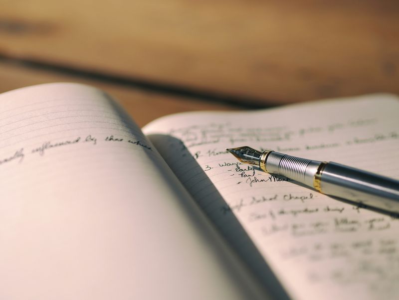 A writing pad with a fountain pen sitting on a page filled with notes.