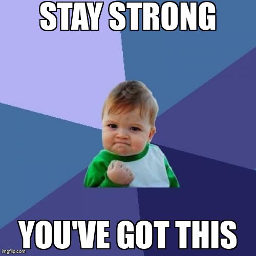 A cheerful baby with fists clenched in a victory pose, confidently saying, 'Stay strong. You've got this.'