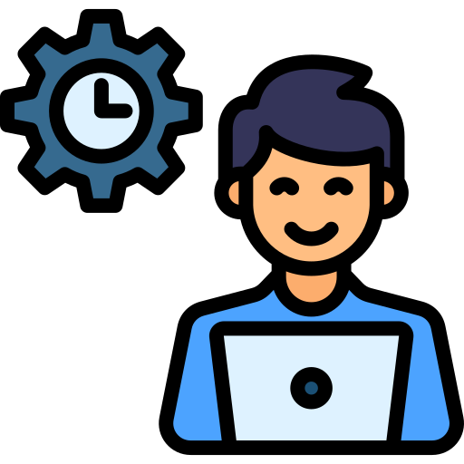 Flat icon where human is working at their laptop and a clock is over the left shoulder.