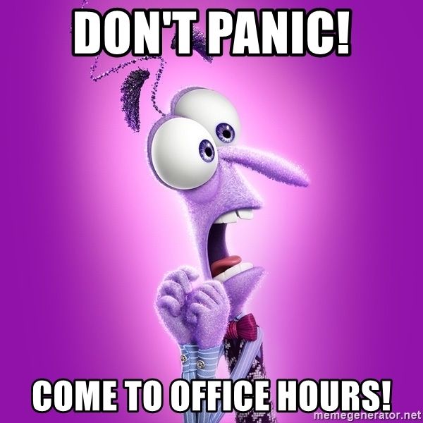 An animated cartoon with frightened expression. Underlying text says: Don't panic ! come to office hours ! 