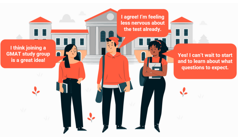 Illustration of 2 females and 1 male talking about the GMAT standing outside a school building holding their books and bags