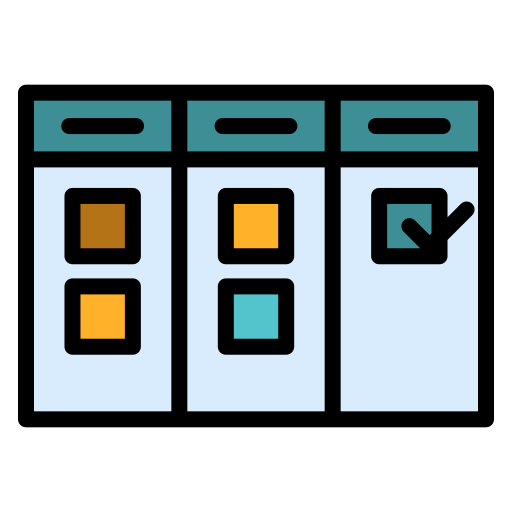 An icon of a board with columns and task cards, with one item marked as completed.