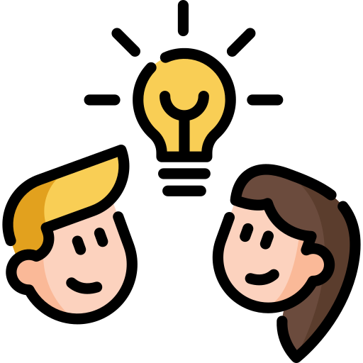 An icon of two children smiling with a glowing light bulb above their heads.