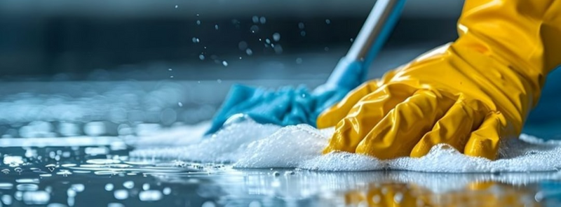 A gloved hand scrubs a floor as a metaphor for editing content to remove clutter.
