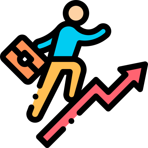 Icon image of a person holding a suitcase walking up an upward-facing arrow. 