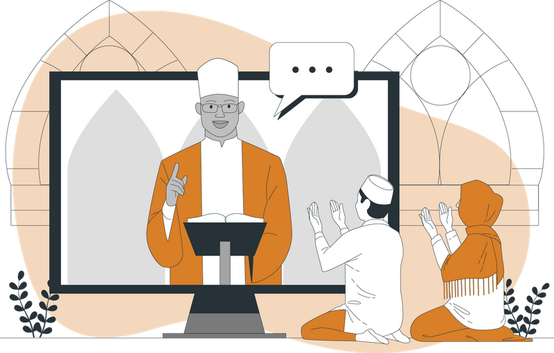 An imam is leading a mosque prayer mass on a television screen with a speech bubble and two people are following along.