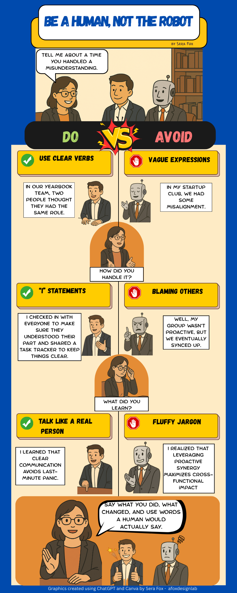 A behavioral interview infographic showing how to use clear, action-focused language instead of vague corporate jargon.