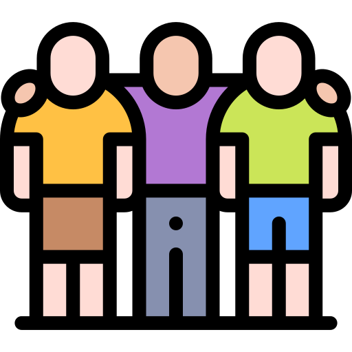 Three people standing closely beside each other. The middle person puts their arm around the other two people.