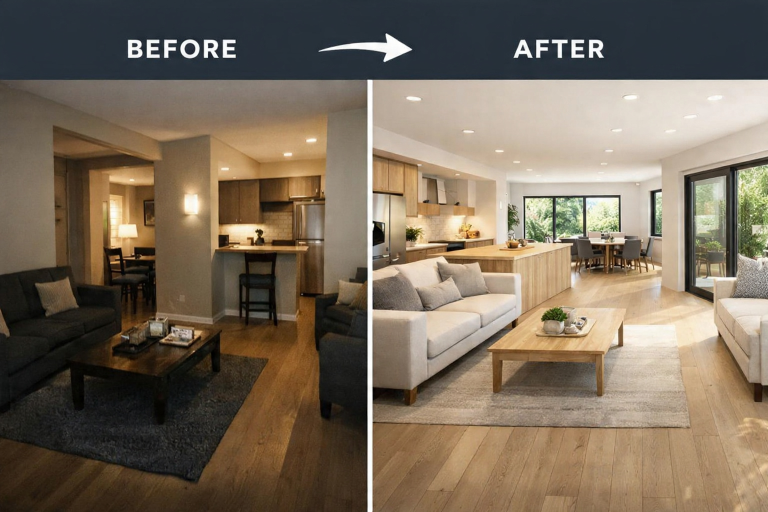 Before and after images showing a space becoming more open, bright, and easier to move through after removing a wall.