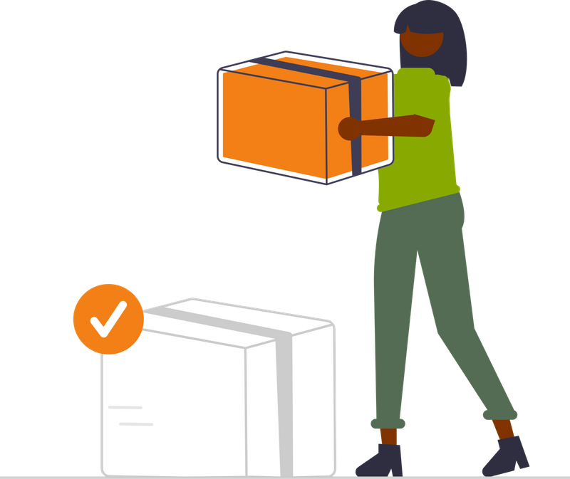 Illustrated woman carrying a box with a check mark icon.