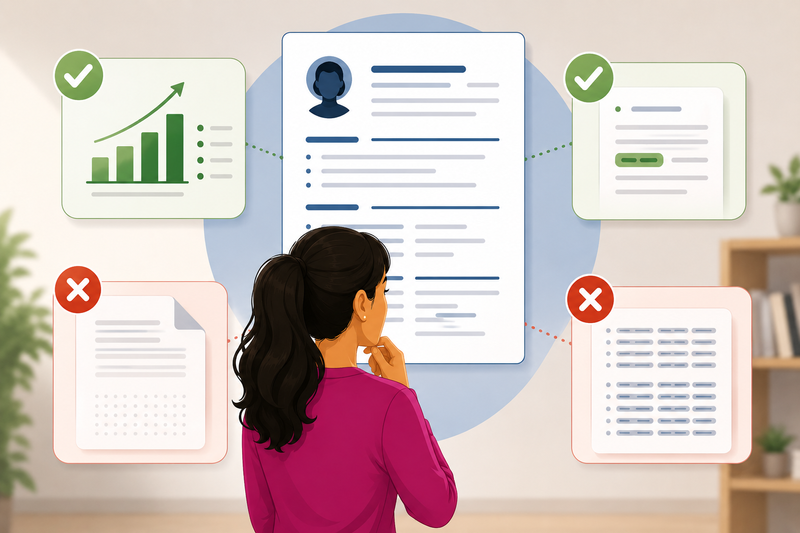 A woman reviews her resume. She compares ethical and unethical practices to improve it.