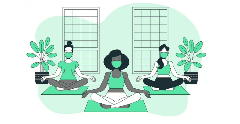 3 diverse relaxed human beings are each meditating with face masks, crossed legs on mats in a room with plants and windows.