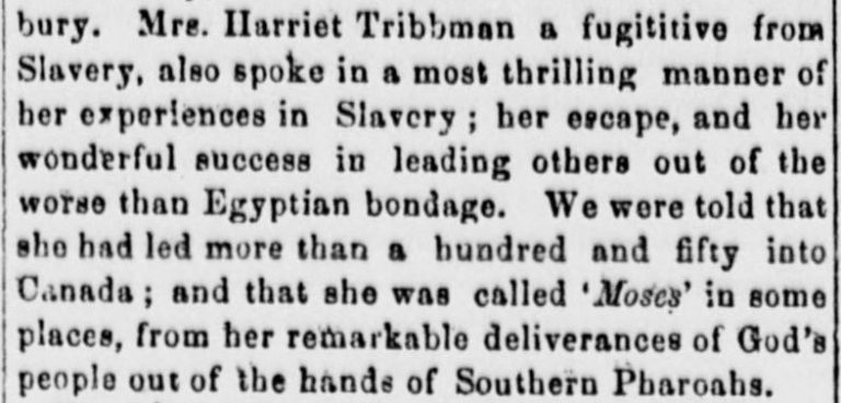 A newspaper clipping describing one of her speeches at which she was introduced as Harriet Tribbman.