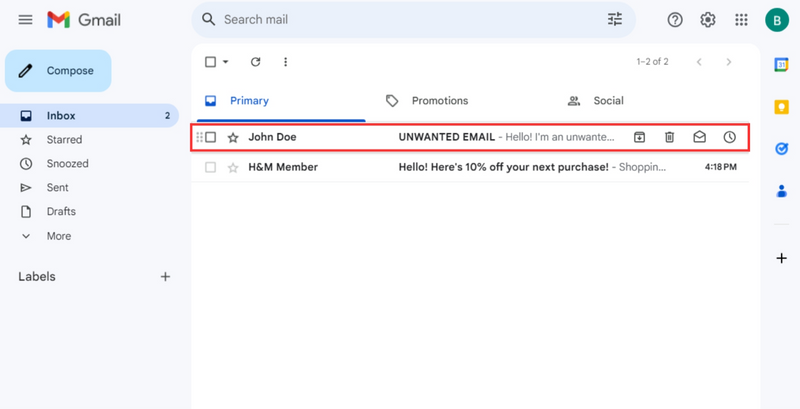 An unwanted email highlighted in an inbox.