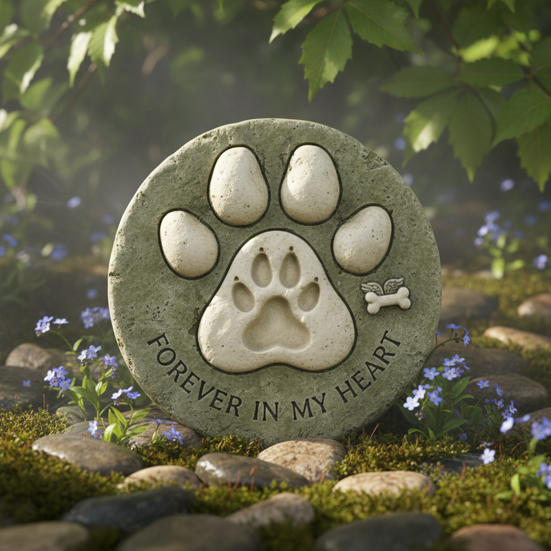 A stone paw print memorial in a garden reads “Forever in My Heart,” surrounded by flowers and greenery.
