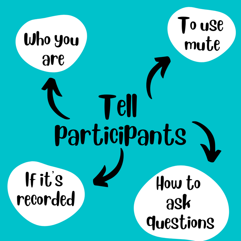 Mind map stating what you need to tell participants in your meeting: recording, asking questions, who you are, using mute